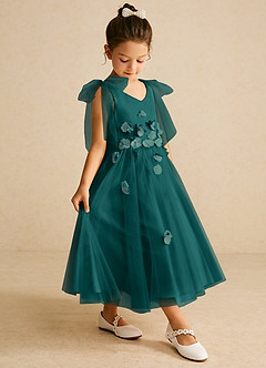 Azazie Minia Flower Girl Dresses Peacock A-Line Bow Matte Satin Dress image3