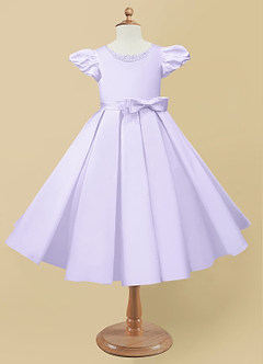 Azazie Jewel Flower Girl Dresses Ball-Gown Pleated Matte Satin Tea-Length Dress image4