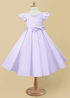 Azazie Jewel Flower Girl Dresses Lilac Ball-Gown Pleated Matte Satin Dress image4