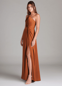 Azazie Brooke Jurken voor bruidsmeisjes Jurk van Stretch Satijn met A-Lijn One-Shoulder Kaneel image4