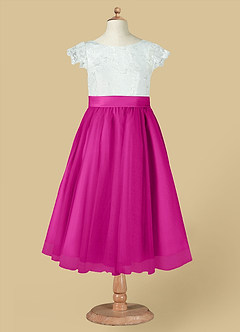 Azazie Vetty Flower Girl Dresses Ivory Fuchsia A-Line Lace Tulle Dress image13