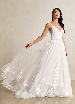 Azazie Rhodes Robes de mariée Robe Trapèze en Tulle Col V paillettes Blanc De Diamant image1