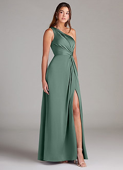 Azazie Brooke Brautjungfernkleider A-Linie One-Shoulder Stretch-Satin Kleid Eukalyptus image4