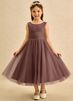 Azazie Macaron Flower Girl Dresses Espresso A-Line Pleated Tulle Dress image3