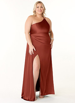 Azazie Maron Bridesmaid Dresses Terracotta A-Line One Shoulder Stretch Satin Dress image7