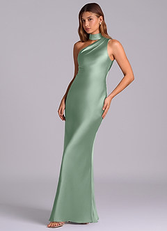 Azazie Seona Robes de demoiselle d'honneur Robe Sirène en Satin extensible Une épaule Agave image6