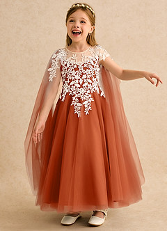 Azazie Dandelion Flower Girl Dresses Burnt Orange Ball-Gown Lace Dress image1