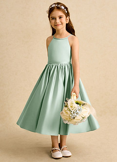 Azazie Indi vestidos de niña de las flores Vestido de Agave de Satin Mate de Corte En A con Lazo image4