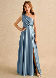 Azazie Puddles Junior Formal Flower Girl Dresses Dusty Blue A-Line One Shoulder Stretch Satin Dress image1