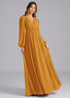 Azazie Palerma Bridesmaid Dresses Butterscotch A-Line Long Sleeve Chiffon Dress image4