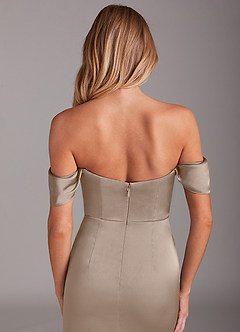 Azazie Saige Bridesmaid Dresses Taupe Sheath Off the Shoulder Stretch Satin Dress image9
