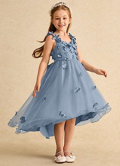 Azazie Tweety Robe Demoiselle D'honneur Fillette Robe Trapèze en Tulle Dentelle Bleu Poussiéreux image4