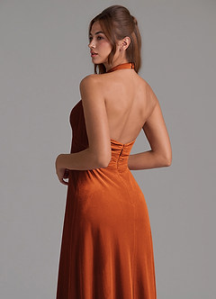 Azazie Tessie Vestidos de damas de honor Vestido de Naranja Quemada de terciopelo de Corte en A con Plisado image2