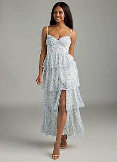 Azazie Kaiden Bridesmaid Dresses Blue And White Ditsy Floral A-Line Sweetheart Neckline Chiffon Dress image2
