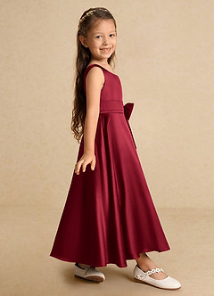 Azazie Lindy vestidos de niña de las flores Vestido de Borgoña de Satin Mate de Corte En A con Plisado image5