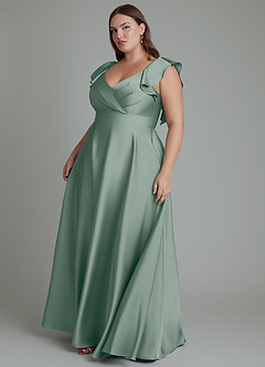 Azazie Leilani Robes de demoiselle d'honneur Robe Trapèze en Satin extensible Drapé Sauge D'argent image15