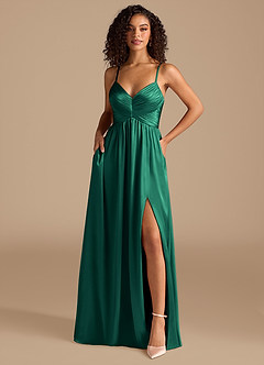 Azazie Alia Bridesmaid Dresses Emerald A-Line Pleated Metallic Satin Dress image1