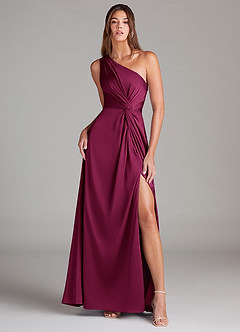 Azazie Brooke Brautjungfernkleider A-Linie One-Shoulder Stretch-Satin Kleid Rote Pflaume image2