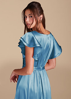 Azazie Daphne Modest Bridesmaid Dresses A-Line Ruched Metallic Satin Floor-Length Dress image6