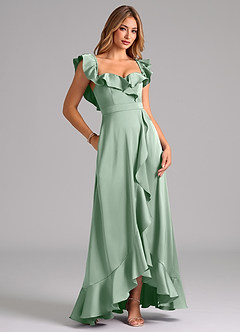 Azazie Lyra Bridesmaid Dresses Agave A-Line Off the Shoulder Stretch Satin Convertible Dress image2