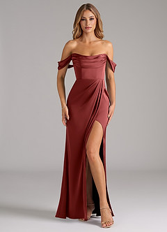 Azazie Johana Bridesmaid Dresses Terracotta Mermaid Off the Shoulder Stretch Satin Convertible Dress image3
