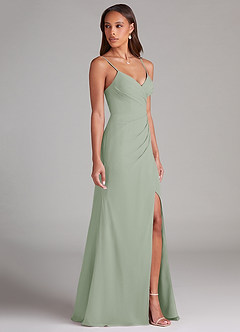 Azazie Maci Robes de demoiselle d'honneur Robe Fourreau en Mousseline de soie Plissée Vert Sauge image4