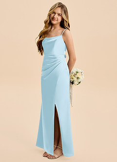 Azazie Christen Junior Vestido de Azul Cielo de Satén Elástico de Corte en A con Plisado image1