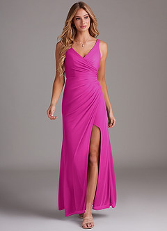 Azazie Leandra Bridesmaid Dresses Fuchsia Mermaid V-Neck Pleated Mesh Dress image5