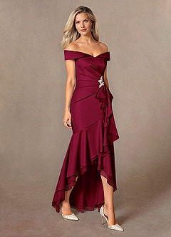 Azazie Billings Mother of the Bride Dresses Burgundy Mermaid Off the Shoulder Stretch Satin Dress image6