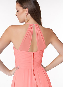 Azazie Ginger Bridesmaid Dresses Coral A-Line Halter Pleated Chiffon Dress image3
