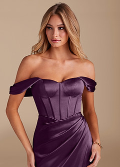 Azazie Asha Bridesmaid Dresses Plum Sheath Off the Shoulder Metallic Satin Dress image5