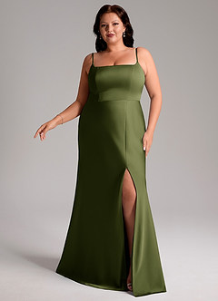 Azazie Lidia Bridesmaid Dresses Olive Mermaid Side Slit Stretch Satin Dress image3