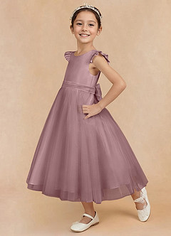 Azazie Hemi Robe Demoiselle D'honneur Fillette Robe Trapèze en Tulle Arc Rose Poussiéreuse image3