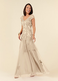 Azazie Romy Mother of the Bride Dresses Champagne Mermaid V-Neck Sequins Tulle Dress image2