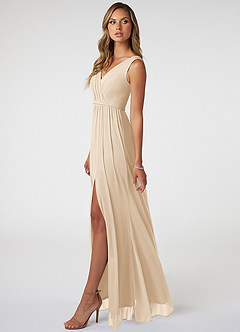 Azazie Tanicia Bridesmaid Dresses Champagne A-Line V-Neck Pleated Mesh Dress image3