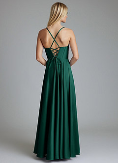 Azazie Alaia Final Sale Emerald A-Line Corset Stretch Satin Dress image3