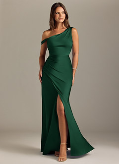 Azazie Madelyn Bridesmaid Dresses Dark Green Mermaid Off the Shoulder Stretch Satin Convertible Dress image1