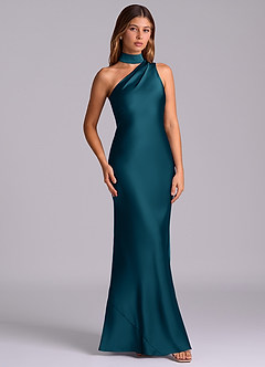 Azazie Seona Bridesmaid Dresses Ink Blue Mermaid One Shoulder Stretch Satin Dress image3