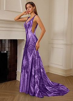 Jade Purple Sequin Satin Side Split Deep V-neck Mermaid Marine Prom Dress image7