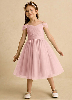 Azazie Lila Girls Formal Robe Demoiselle D'honneur Fillette Robe Trapèze en Tulle Épaule décolletée Rose Poudré image3