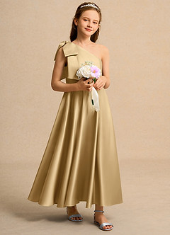 Azazie Guppy Girls Formal Flower Girl Dresses Gold A-Line One Shoulder Matte Satin Dress image1