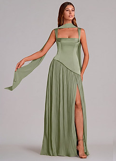 Azazie Stephanie Robes de demoiselle d'honneur Robe Trapèze en Satin extensible Plissé Pistache image1
