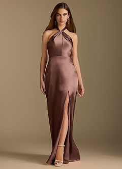 Azazie Tracie Bridesmaid Dresses Espresso A-Line Pleated Metallic Satin Dress image6