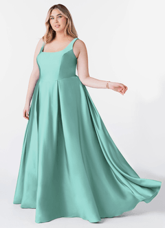 Azazie Neve Bridesmaid Dresses Aqua Ball-Gown with Pockets Stretch Satin Dress image9