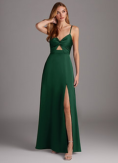 Azazie Jenna Robes de demoiselle d'honneur Robe Trapèze en Satin extensible Plissée Vert Foncé image1
