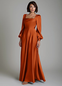 Azazie Solana Vestidos de damas de honor Vestido Naranja Quemada de Satén Elástico de Línea A con Manga larga image6