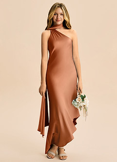 Azazie Briony Junior Copper Sheath Pleated Stretch Satin Dress image5