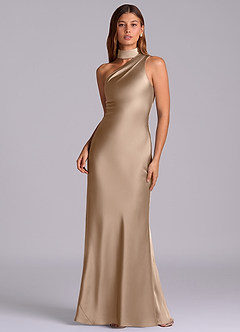 Azazie Seona Robes de demoiselle d'honneur Robe Sirène en Satin extensible Une épaule Taupe image1