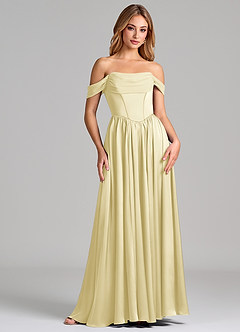 Azazie Raisa Jurken voor bruidsmeisjes Jurk van Stretch Satijn met A-Lijn Off the Shoulder Citroensorbet image4