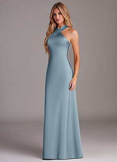 Azazie Doretta Bridesmaid Dresses Dusty Blue Mermaid Pleated Stretch Satin Dress image4